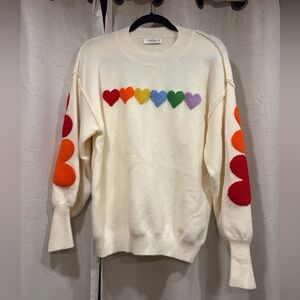 Cream Sweater with Colorful Heart Accents